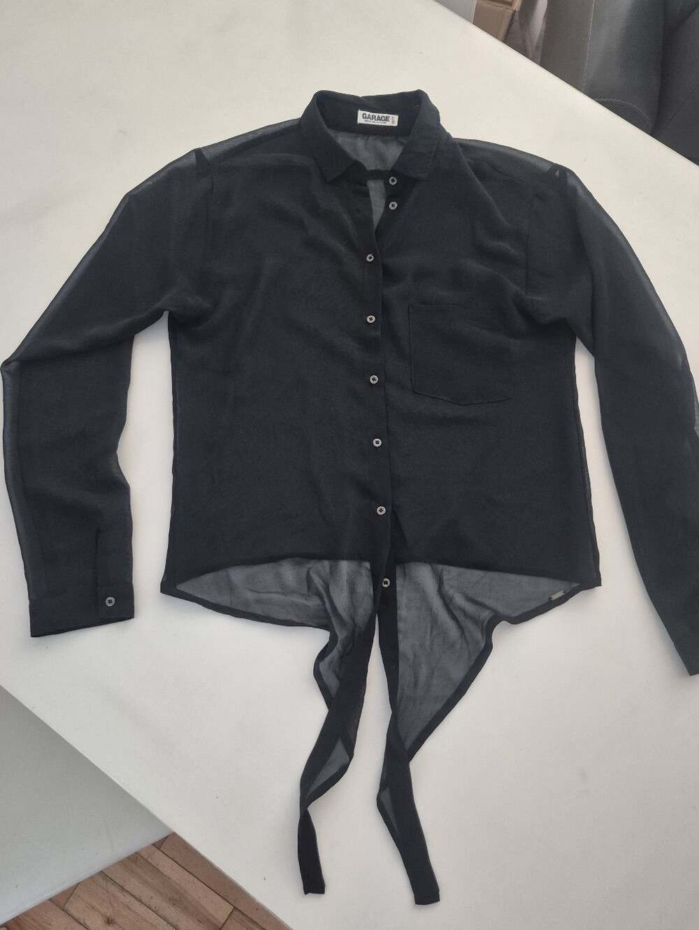 Garage Black Sheer Button-Up Shirt with Tie Hem